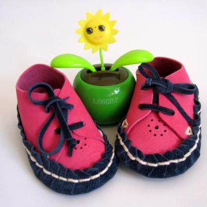 Pink Navy Baby Leather Suede Moccasin Booties Size..