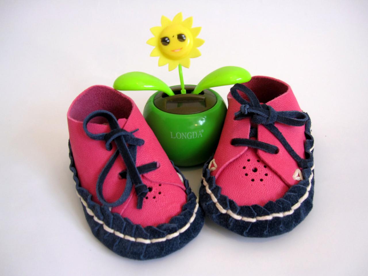 Pink Navy Baby Leather Suede Moccasin Booties Size 3-12m