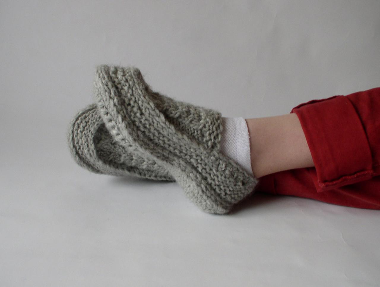 Knit Crochet Socks/slippers In Natural Grey With Irish Traditional Aran Knitting Cables Motifs, Hand Knitted Women Home Shoes