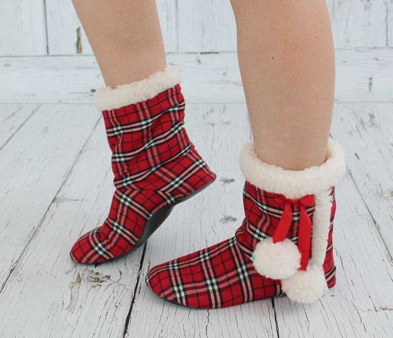 Womens Red Plaid Tartan Soft-sole Booties "cozy Scottland", Ethnic Home Handmade Shoes